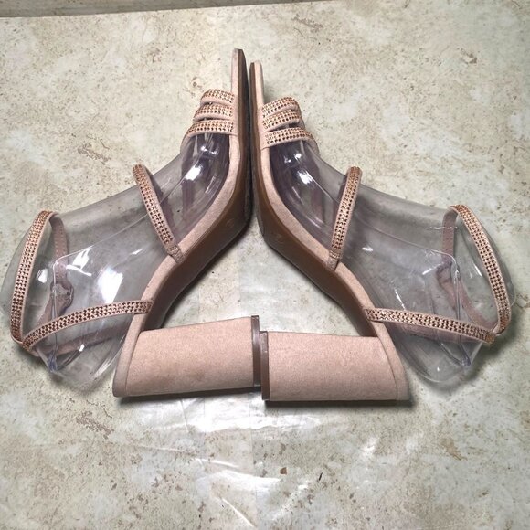 Strappy Nude Rhinestone Sandals With Block Heels Prom Wedding Party - Picture 5 of 9